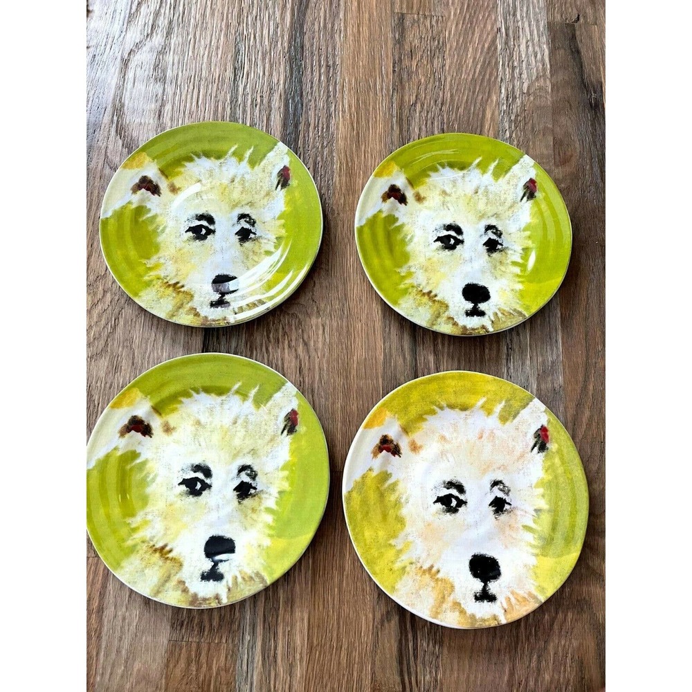 Anthropologie Furry Friends Carole Akins Dog Chipper Dessert Plate Set of Four 4